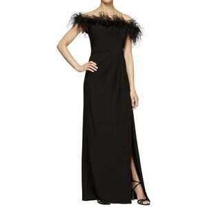 Alex Evenings Long Off-the-Shoulder Jersey Gown Front Slit Maribou Feather Trim